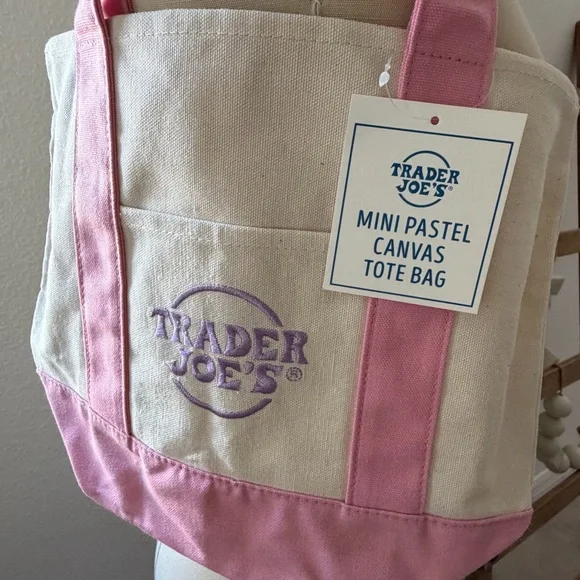 Trader Joe’s Limited Edition Pastel Mini Pink and Cream Canvas Tote Bag - Picture 7 of 16
